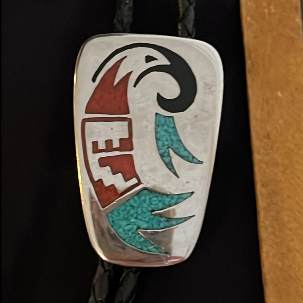 Unsigned silver tone turquoise & coral western bolo tie